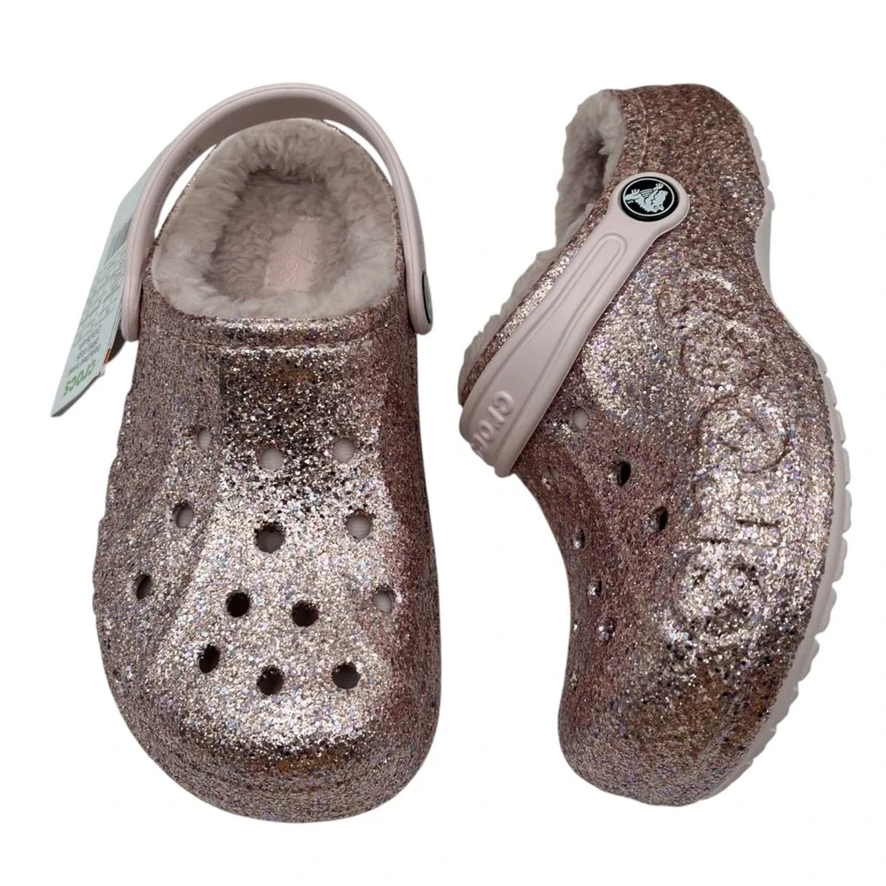 Crocs Big Girls Lined Clogs Size 3 (J3) Barely Pink Glitter  Slip-on Cozy Warm
